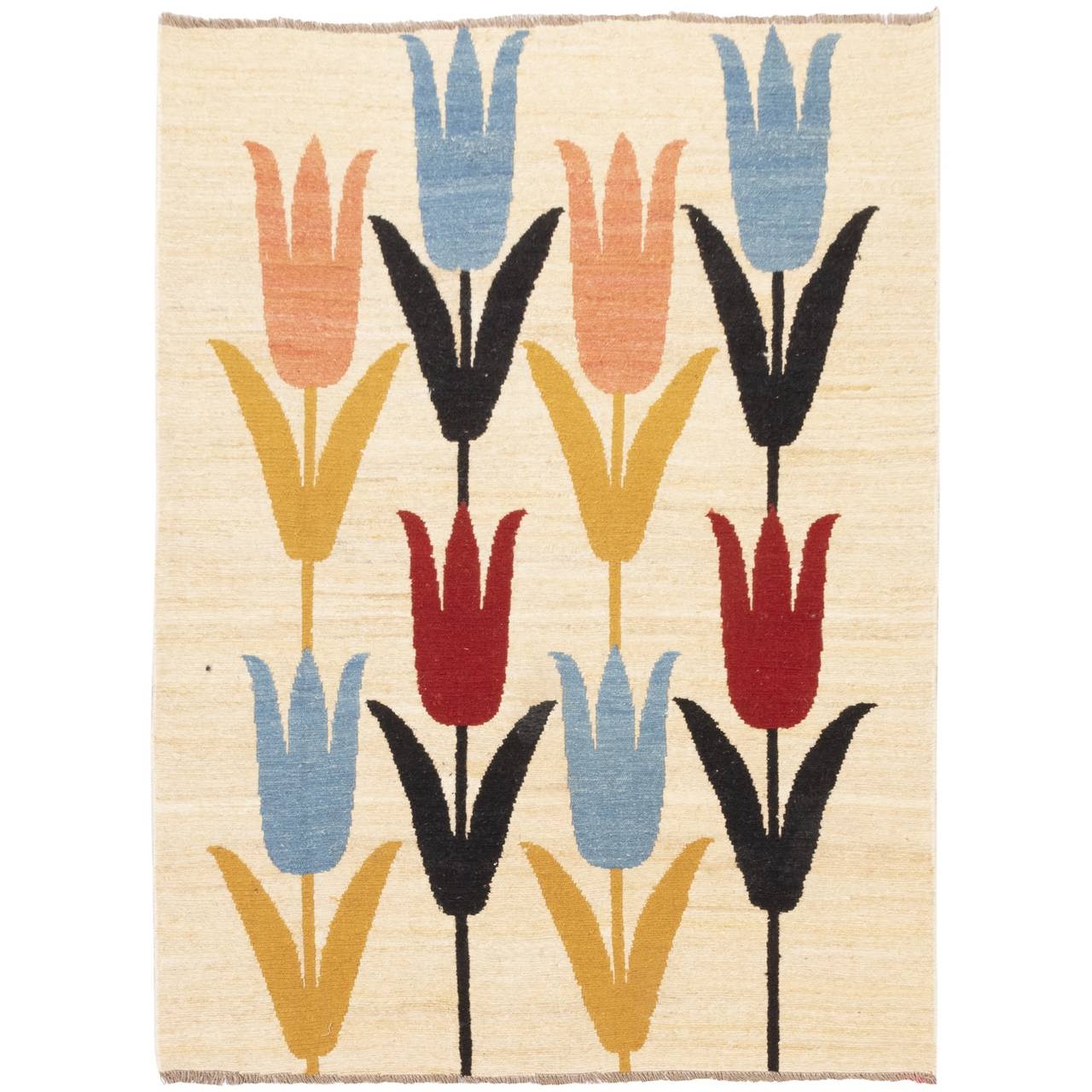 Original persischer Woll Kelim Teppich handgewebt in Kerman floral cremefarben