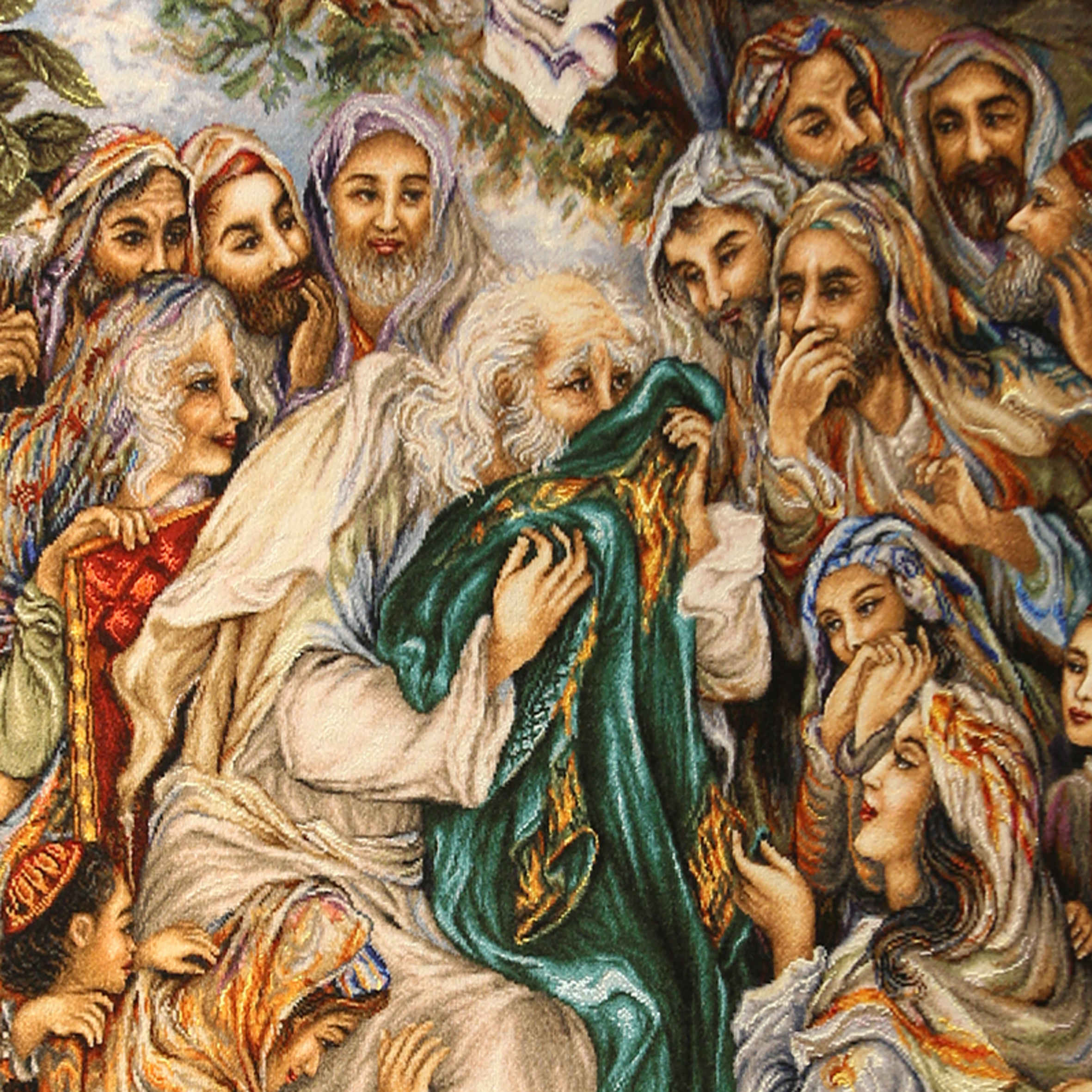 Handgeknüpfter persischer Bildteppich aus Tabriz, der den Propheten Joseph mit Jakobs Hemd und dem Duft des Geliebten darstellt