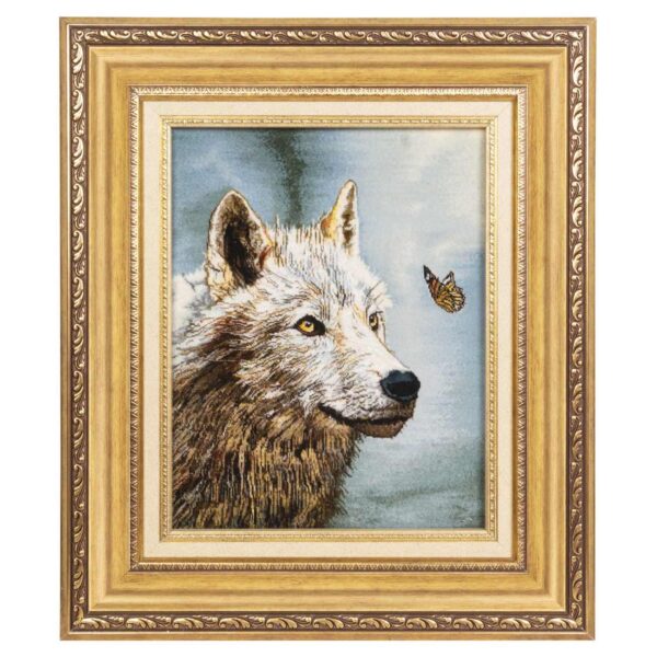 Handgeknüpfter persischer Bildteppich aus Tabriz, der einen Wolf und einen Schmetterling darstellt