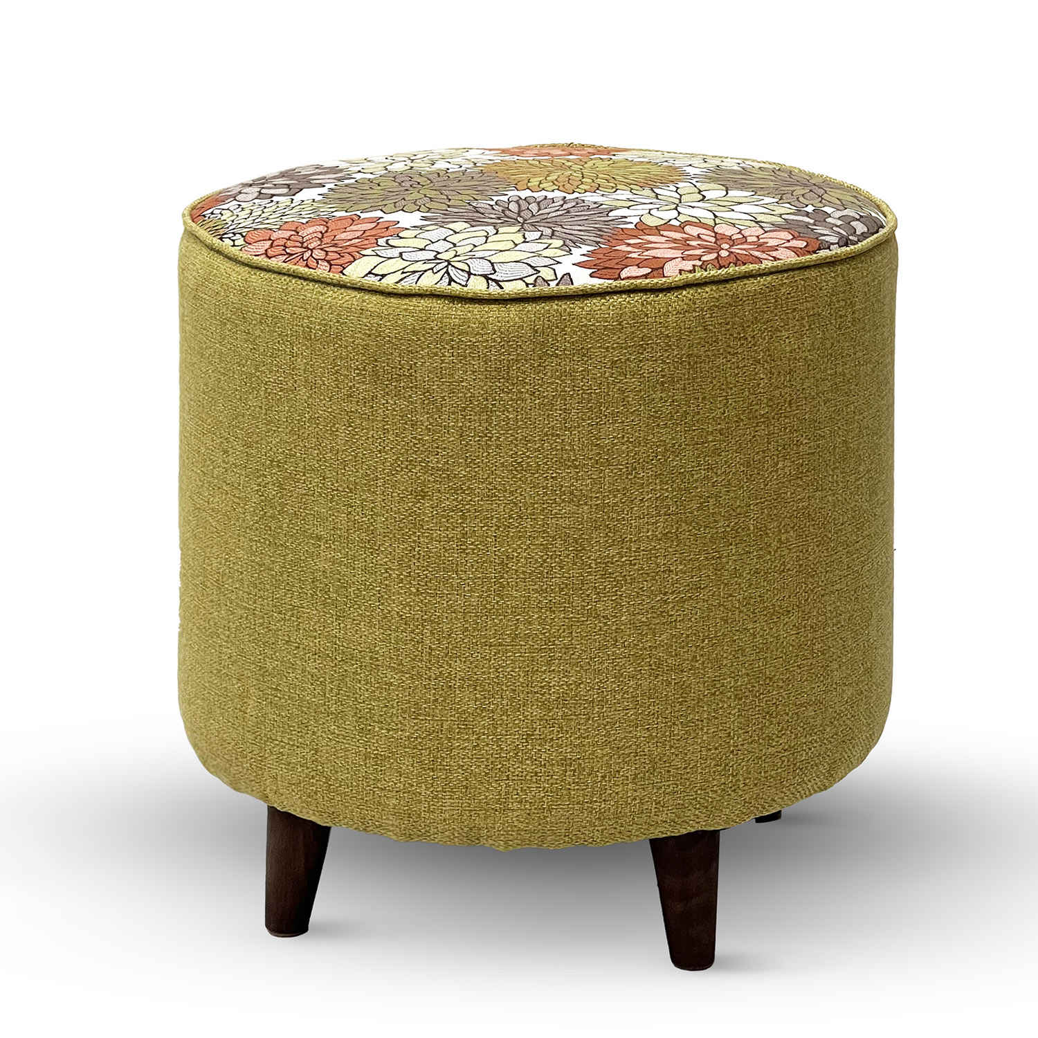 Runder Hocker mit Blumenmuster, grün, mit Holzbeinen
