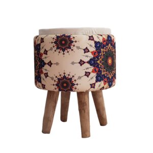 Runder Samt-Hocker mit Holzbeinen und Cremefarbe für das Schlafzimmer