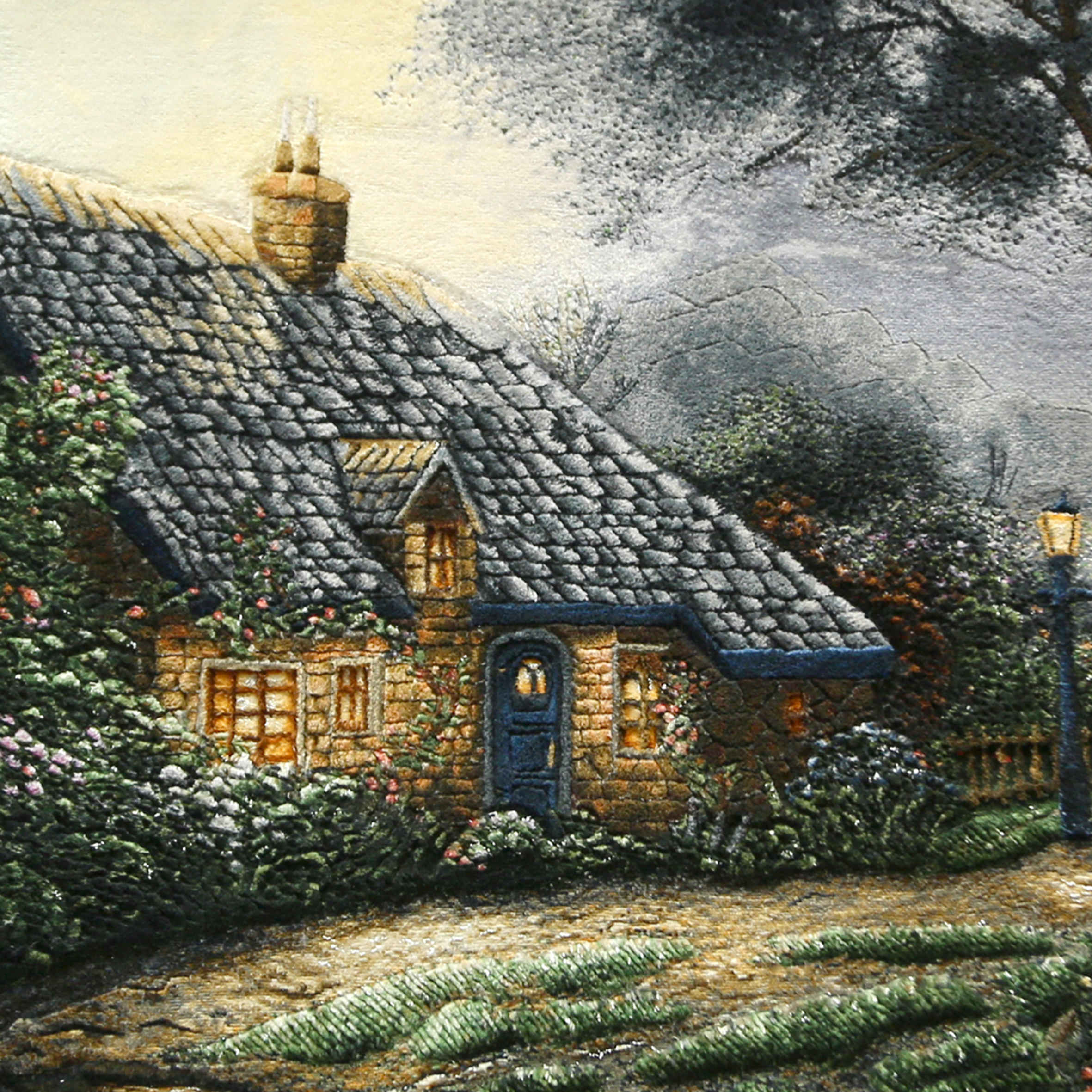 Handgeknüpfter persischer Bildteppich aus Tabriz, der Thomas Kinkades Foxglove Cottage darstellt