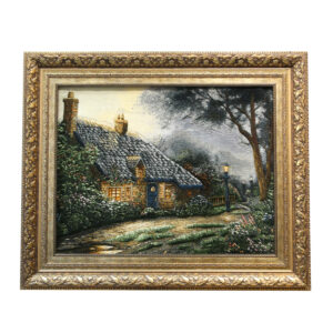 Handgeknüpfter persischer Bildteppich aus Tabriz, der Thomas Kinkades Foxglove Cottage darstellt