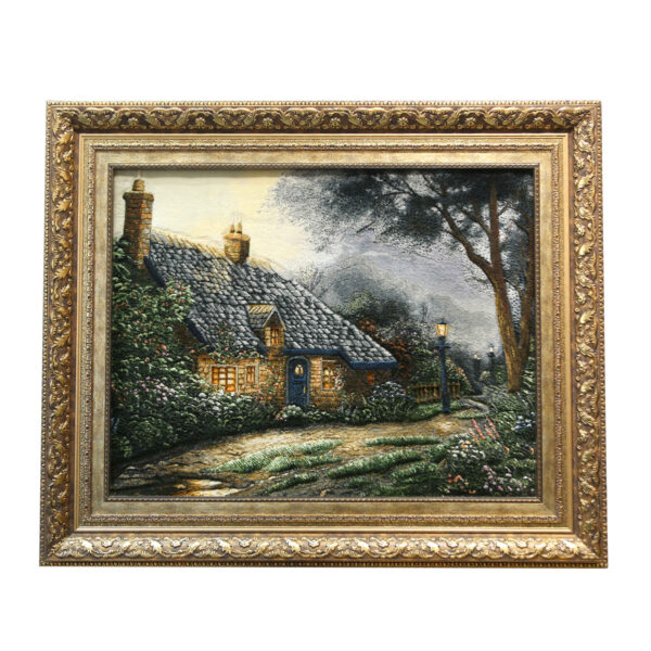 Handgeknüpfter persischer Bildteppich aus Tabriz, der Thomas Kinkades Foxglove Cottage darstellt