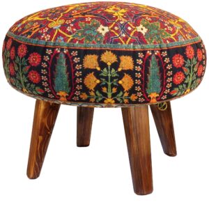 Traditioneller roter persischer Hocker mit Holzbeinen und Samtstoff, Blumenmuster