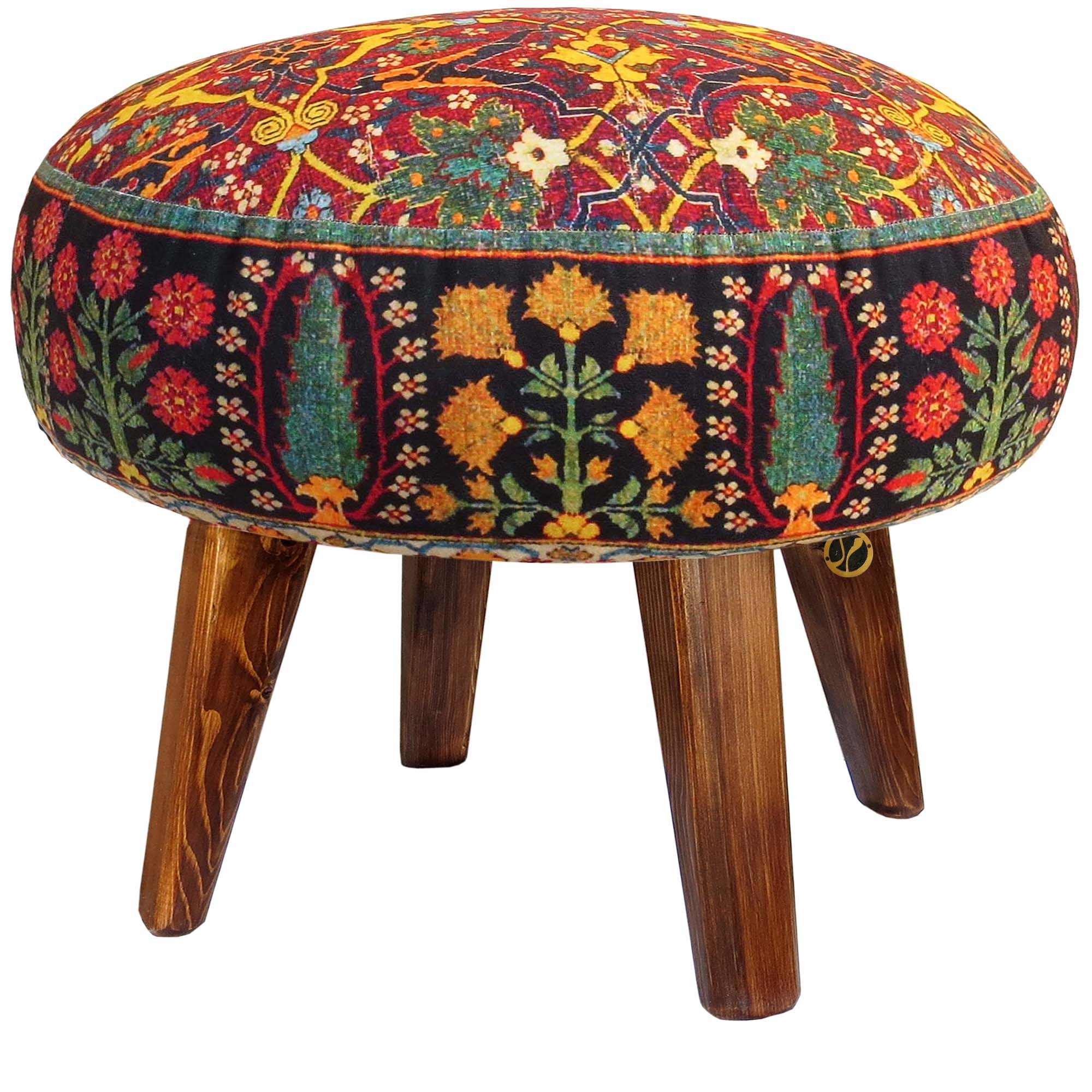 Traditioneller roter persischer Hocker mit Holzbeinen und Samtstoff, Blumenmuster