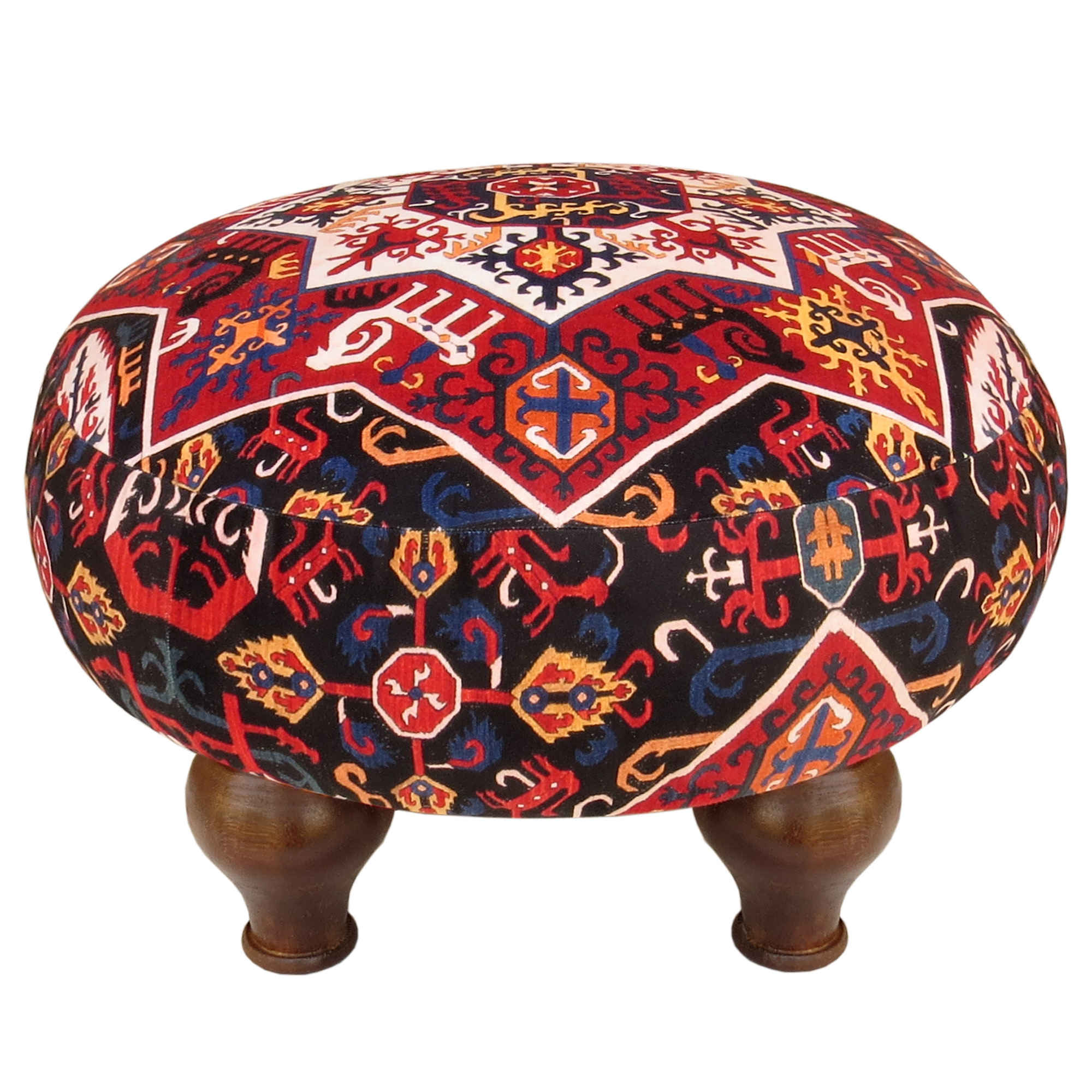 Traditioneller roter persischer Hocker mit Holzbeinen und Samtstoff