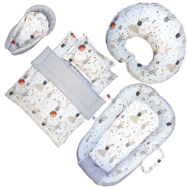6-teiliges Baumwoll Babybett-Set mit kleinen Hasen Design