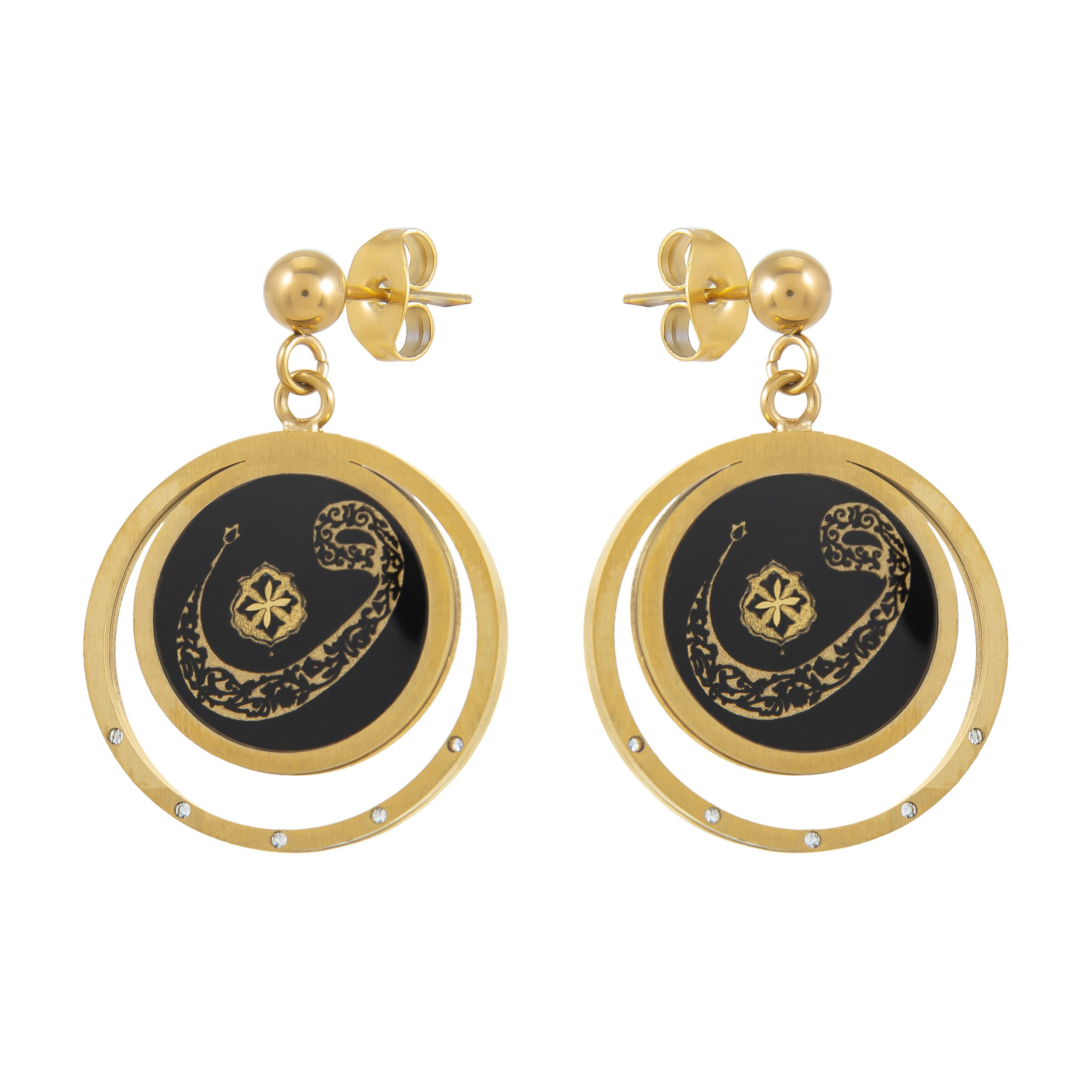 Goldplattierte Tropf-Ohrringe handgefertigt mit Traumfänger-Design und schwarzem Emaille