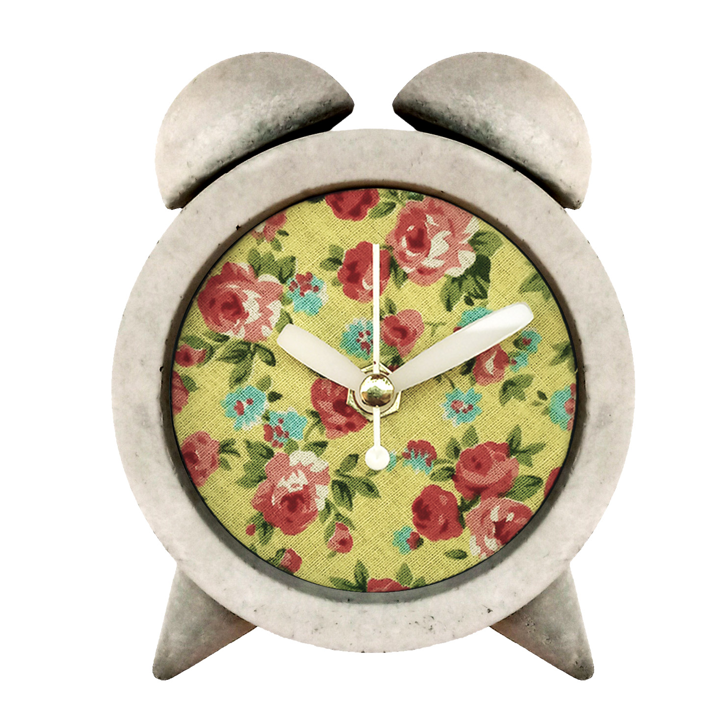 Handgefertigte Beton-Zwilling-Glocken-Uhr mit Stoff Floral Rund