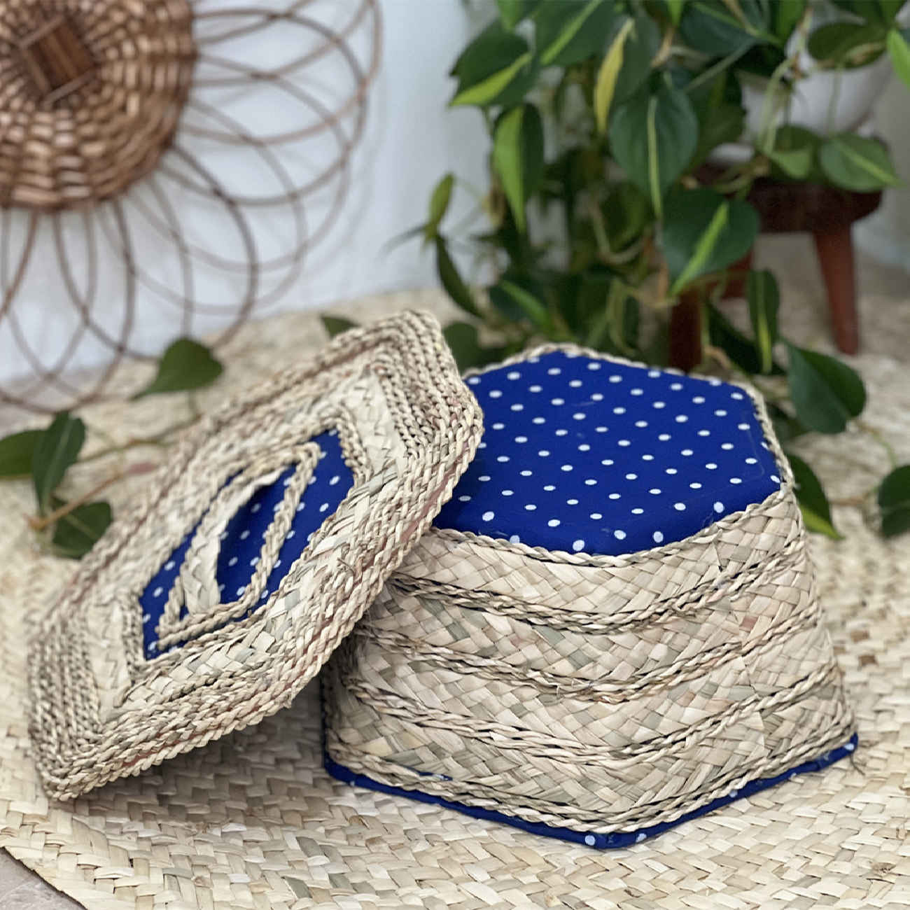 Handgewebter Aufbewahrungskorb mit Deckel, sechseckiges Design