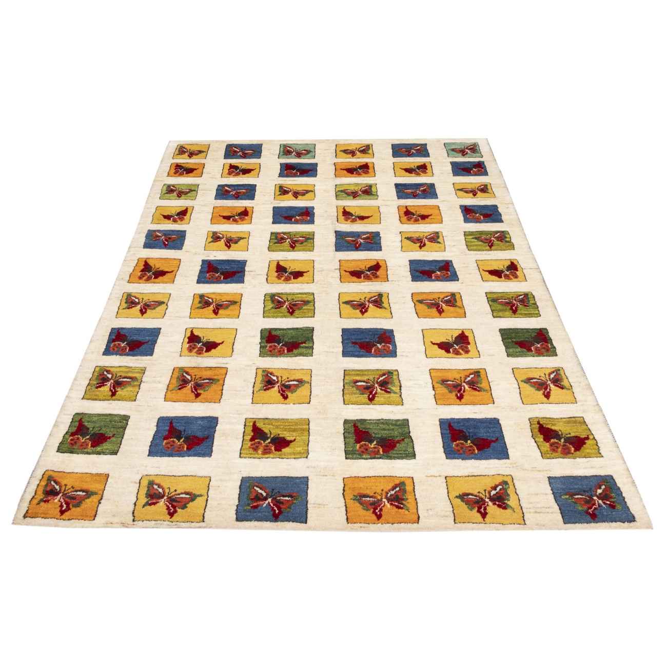 Persischer Gabbeh-Wollteppich handgewebt in Fars mit Rand schwarz