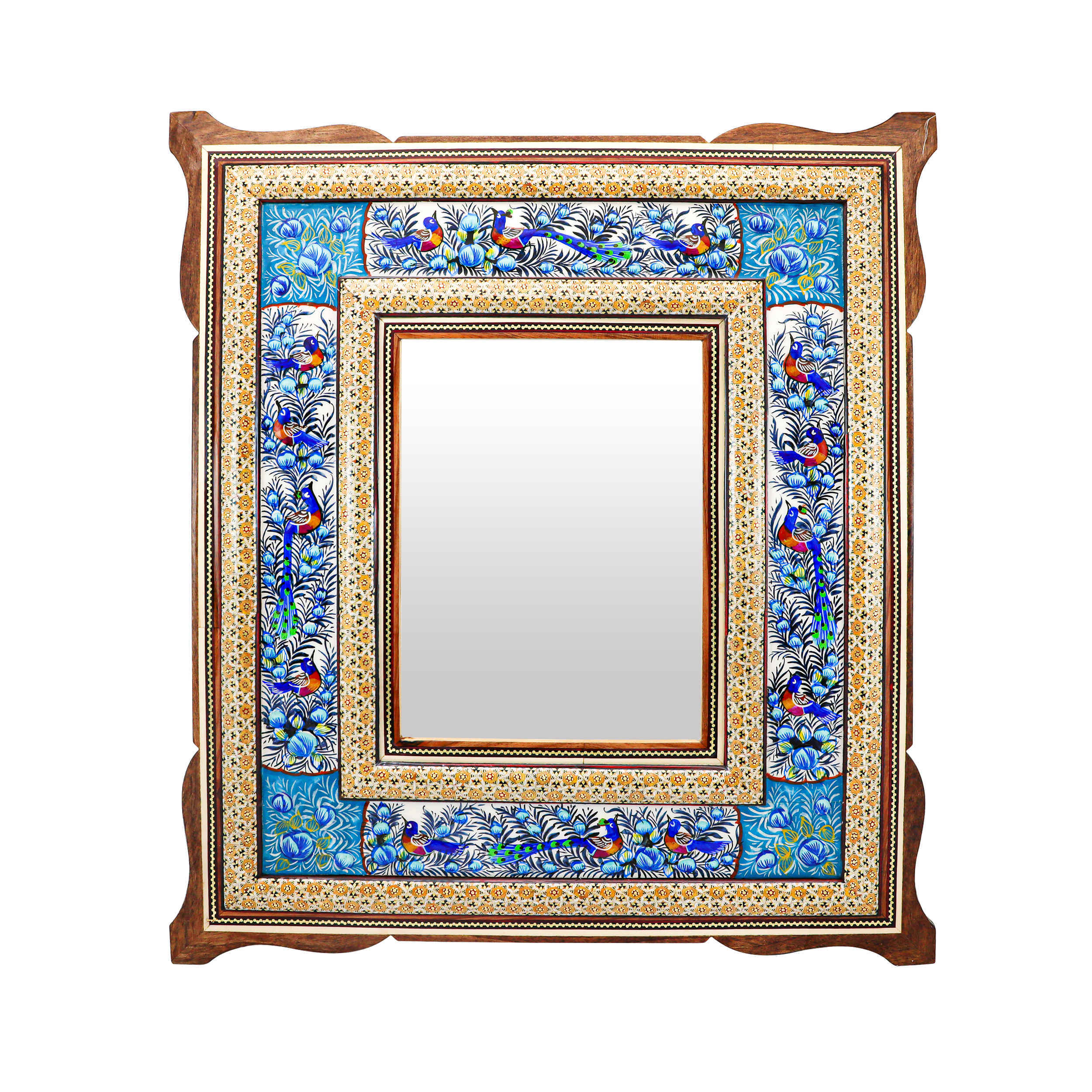 Persischer Holzspiegelrahmen – Khatamkari Pfauen- & Blumenmotive