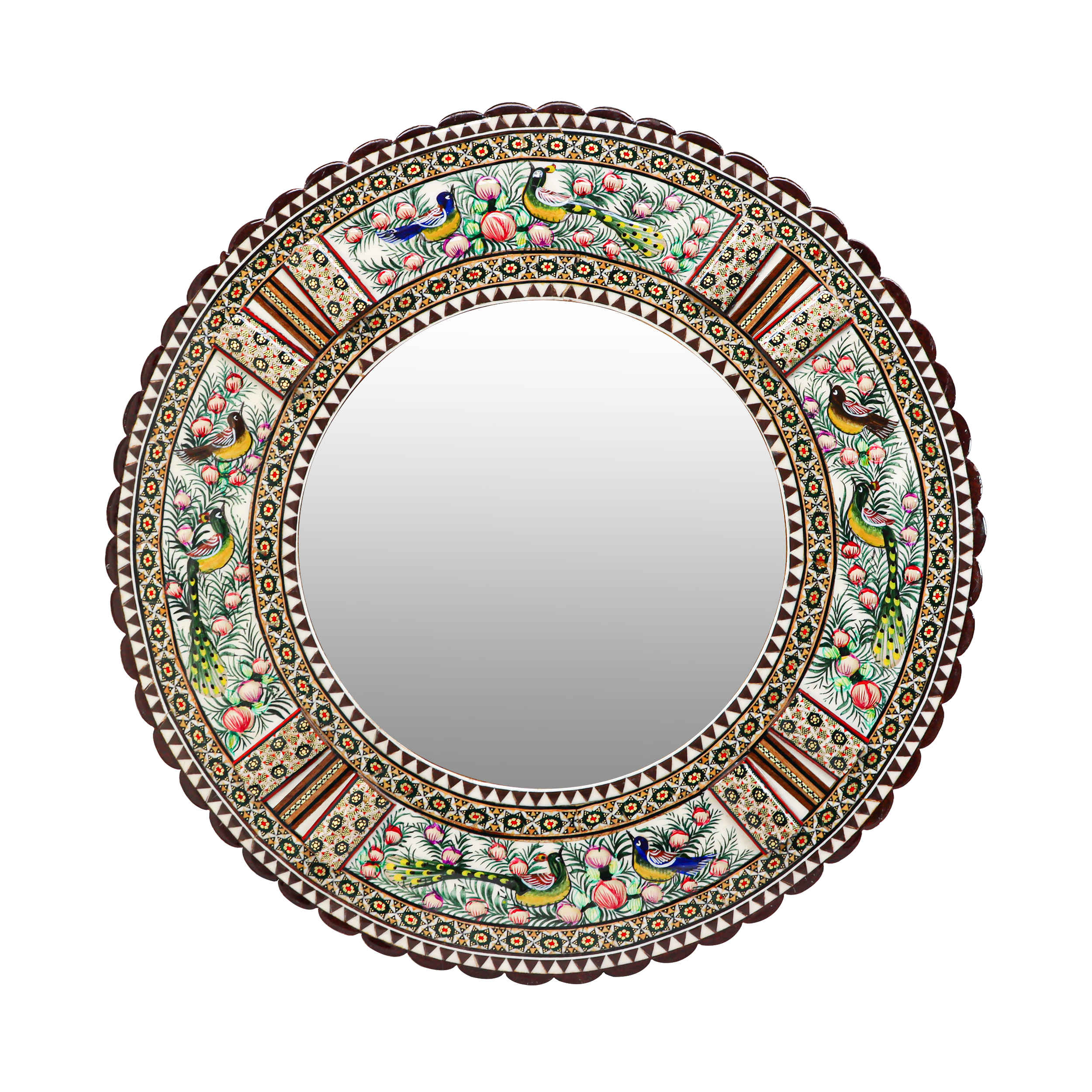 Persischer Holzspiegelrahmen – Khatamkari Spatzen- & Blumen-Design