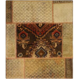 Vintage persischer handgeknüpfter Patchwork-Teppich geometrisch braun