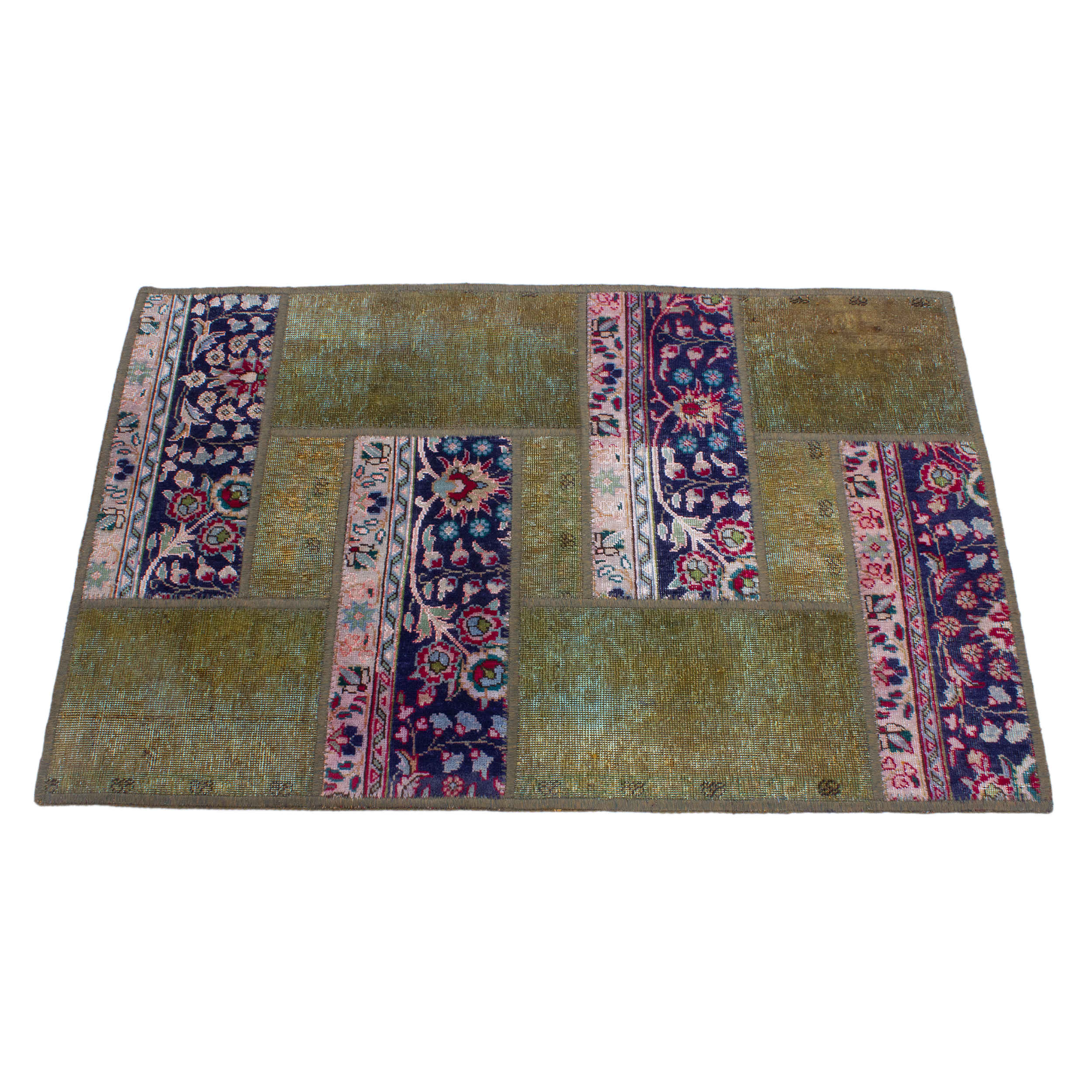 Vintage persischer handgeknüpfter Patchwork-Teppich geometrisch grün