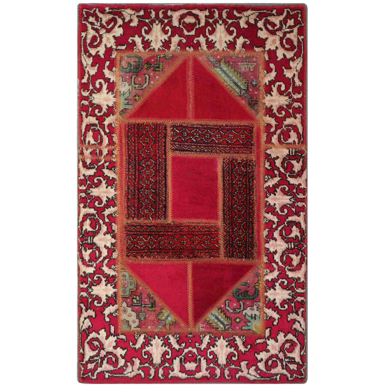 Vintage persischer handgeknüpfter Patchwork-Teppich geometrisch rot