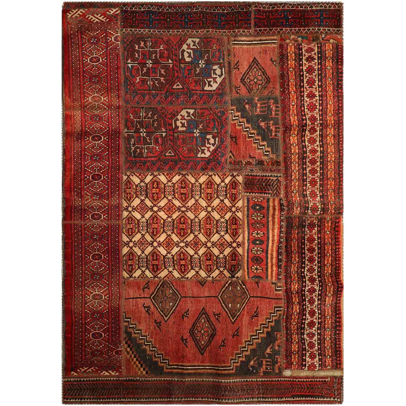 Vintage persischer handgeknüpfter Patchwork-Teppich geometrisch rot