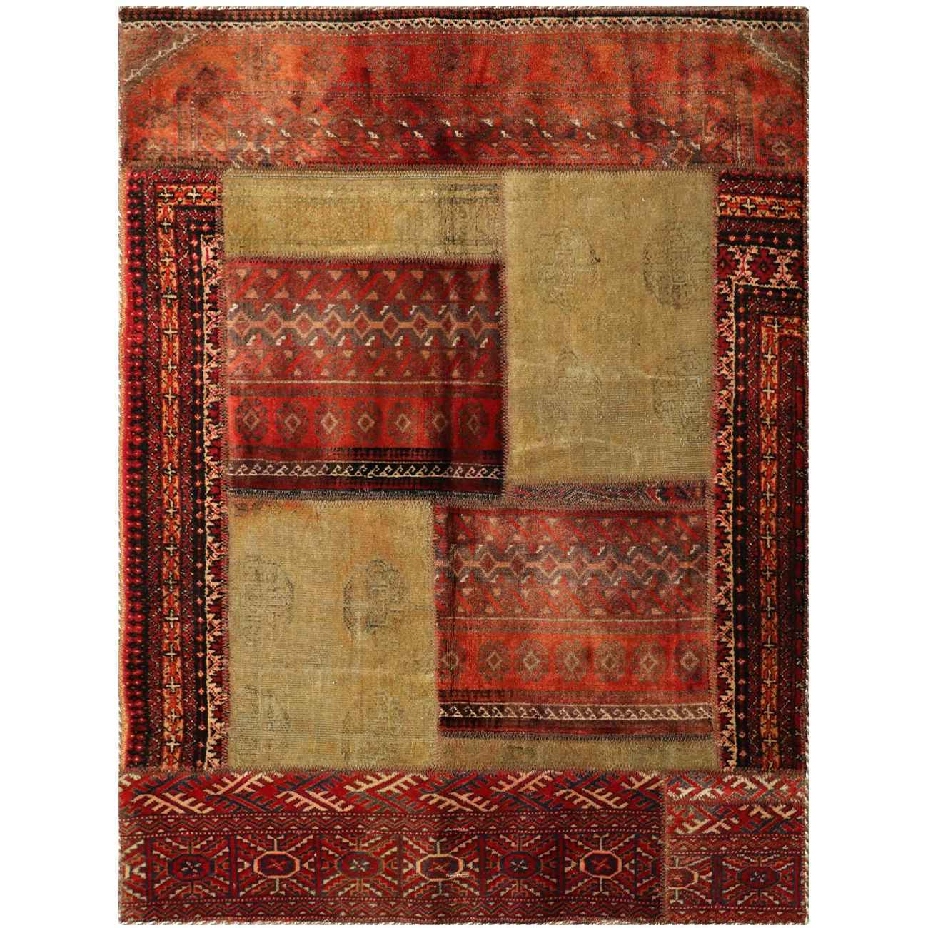 Vintage persischer handgeknüpfter Patchwork-Teppich geometrisch rot