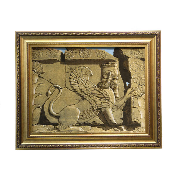 Handgeknüpfter persischer Bildteppich aus Tabriz, der einen Achaemenidenlöwen darstellt