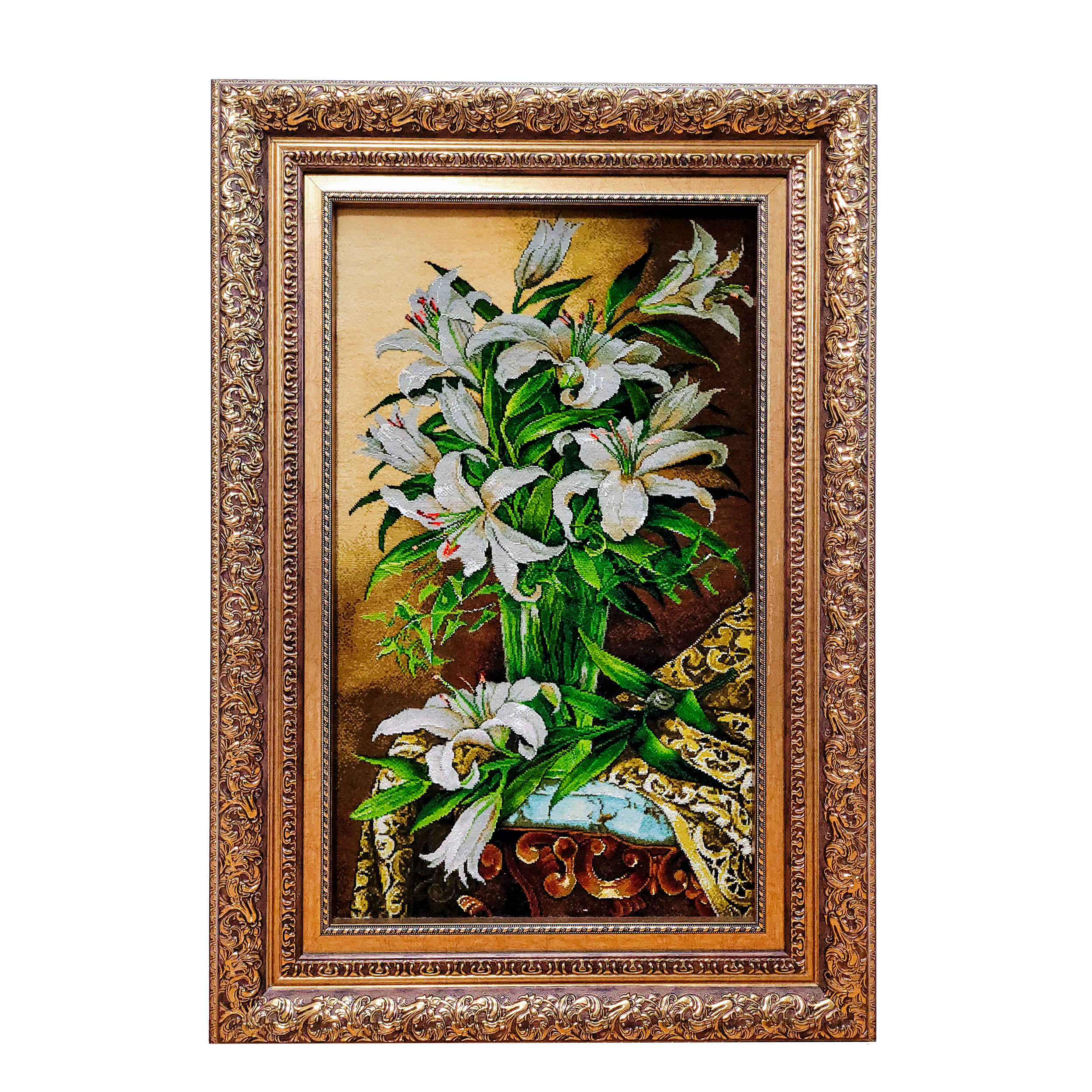 Handgeknüpfter persischer Bildteppich aus Tabriz, der ein Lilium darstellt