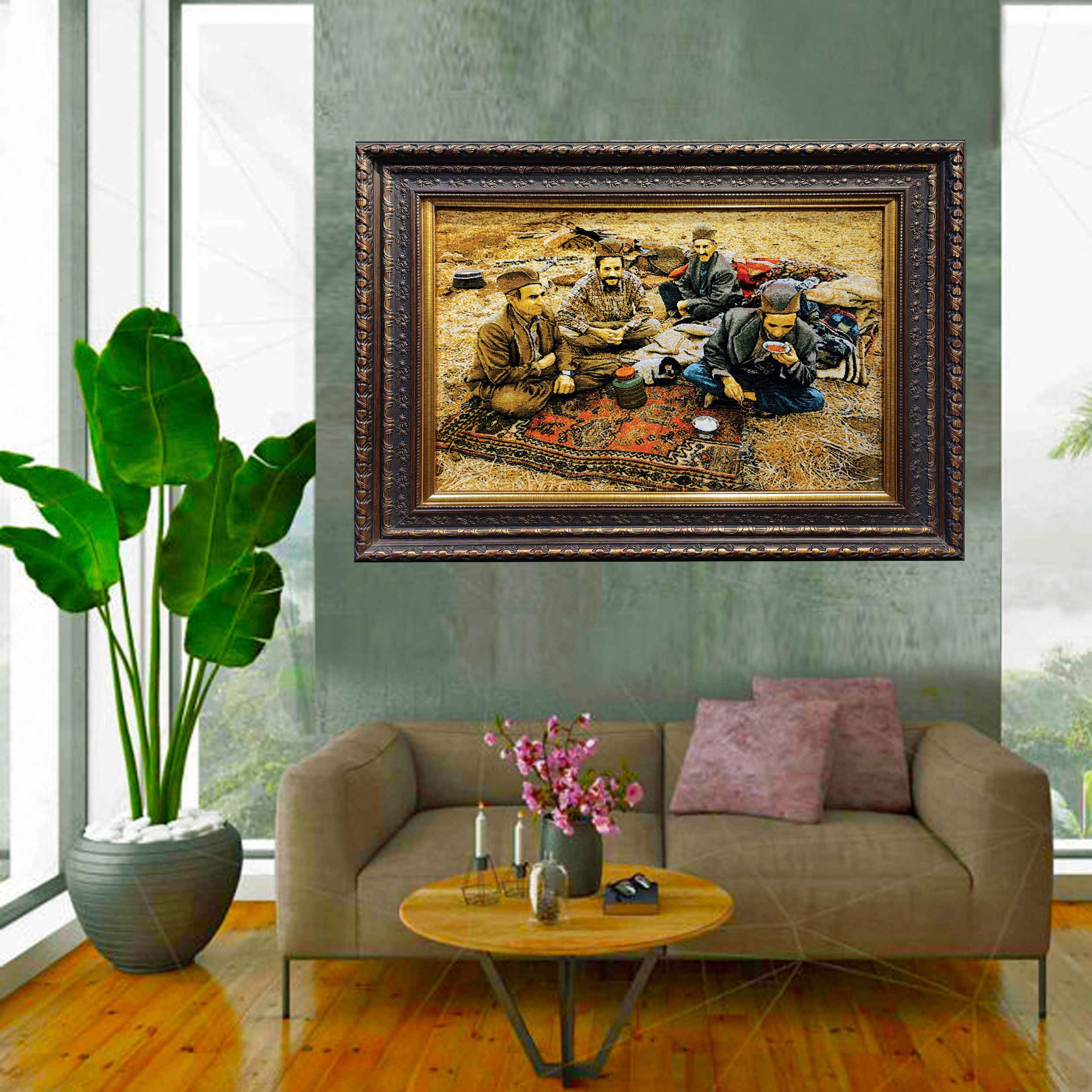 Handgeknüpfter persischer Bildteppich aus Tabriz, der nomadische Menschen darstellt