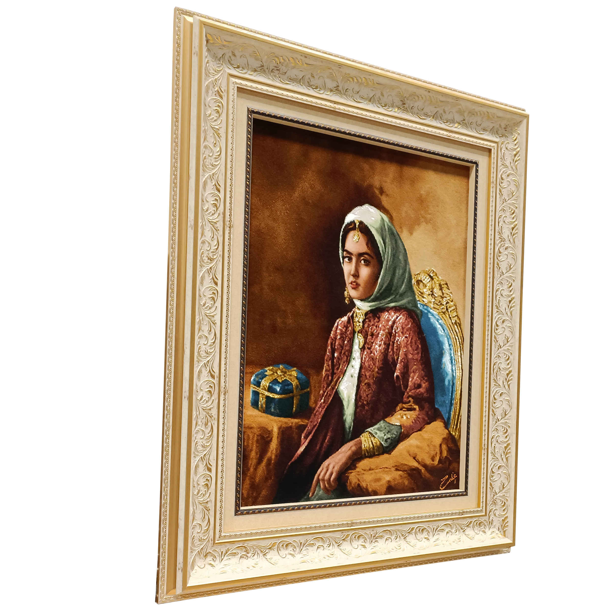 Handgeknüpfter persischer Bildteppich aus Tabriz, der eine Qajar-Frau darstellt