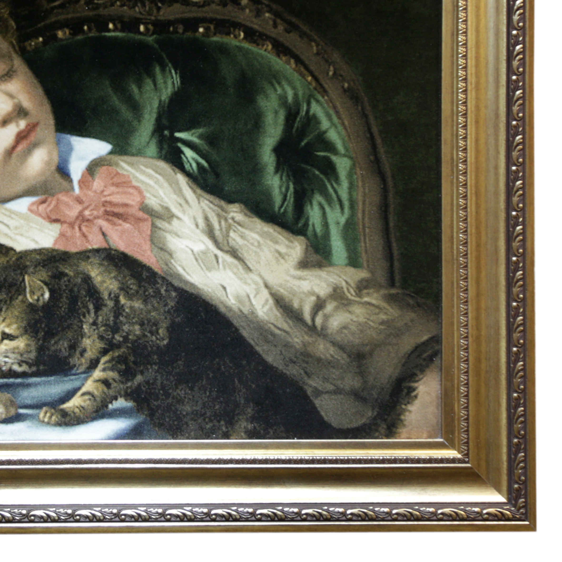 Handgeknüpfter persischer Bildteppich aus Tabriz, der einen schlafenden Jungen und eine Katze darstellt