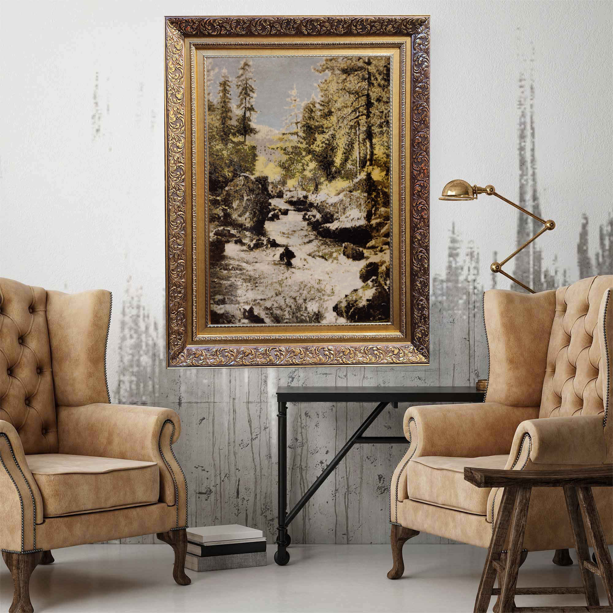 Handgeknüpfter persischer Bildteppich aus Tabriz, der einen Schmelzwasserfluss darstellt