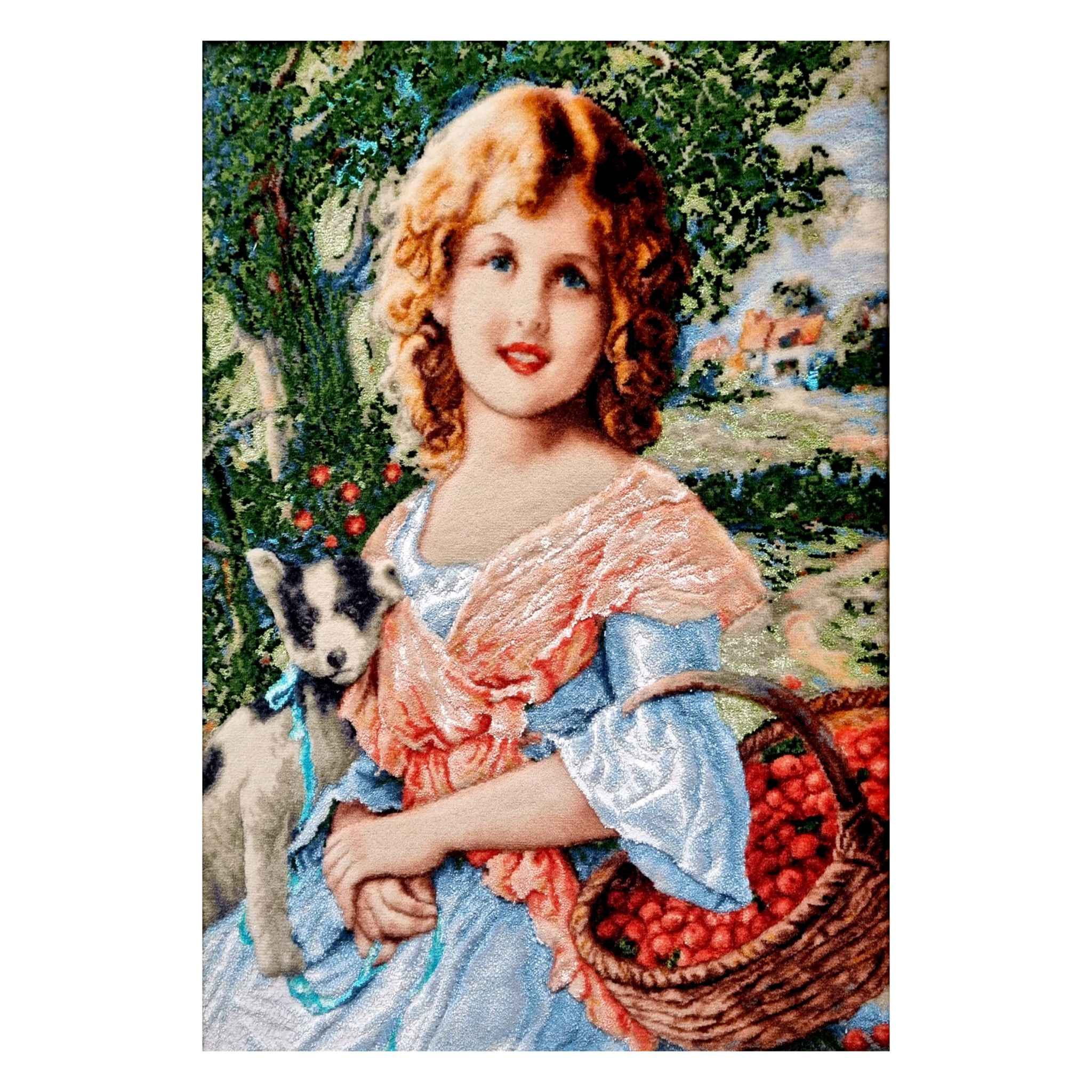 Handgeknüpfter persischer Bildteppich aus Tabriz, der ein Mädchen und einen Hund darstellt