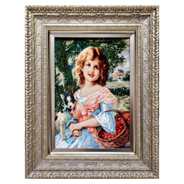 Handgeknüpfter persischer Bildteppich aus Tabriz, der ein Mädchen und einen Hund darstellt