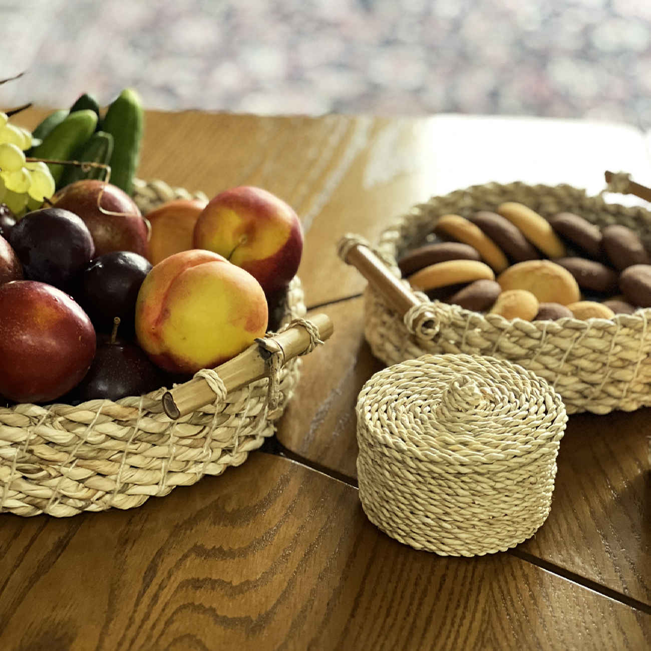 Set aus 3 handgewebten Körben mit Bambusgriff