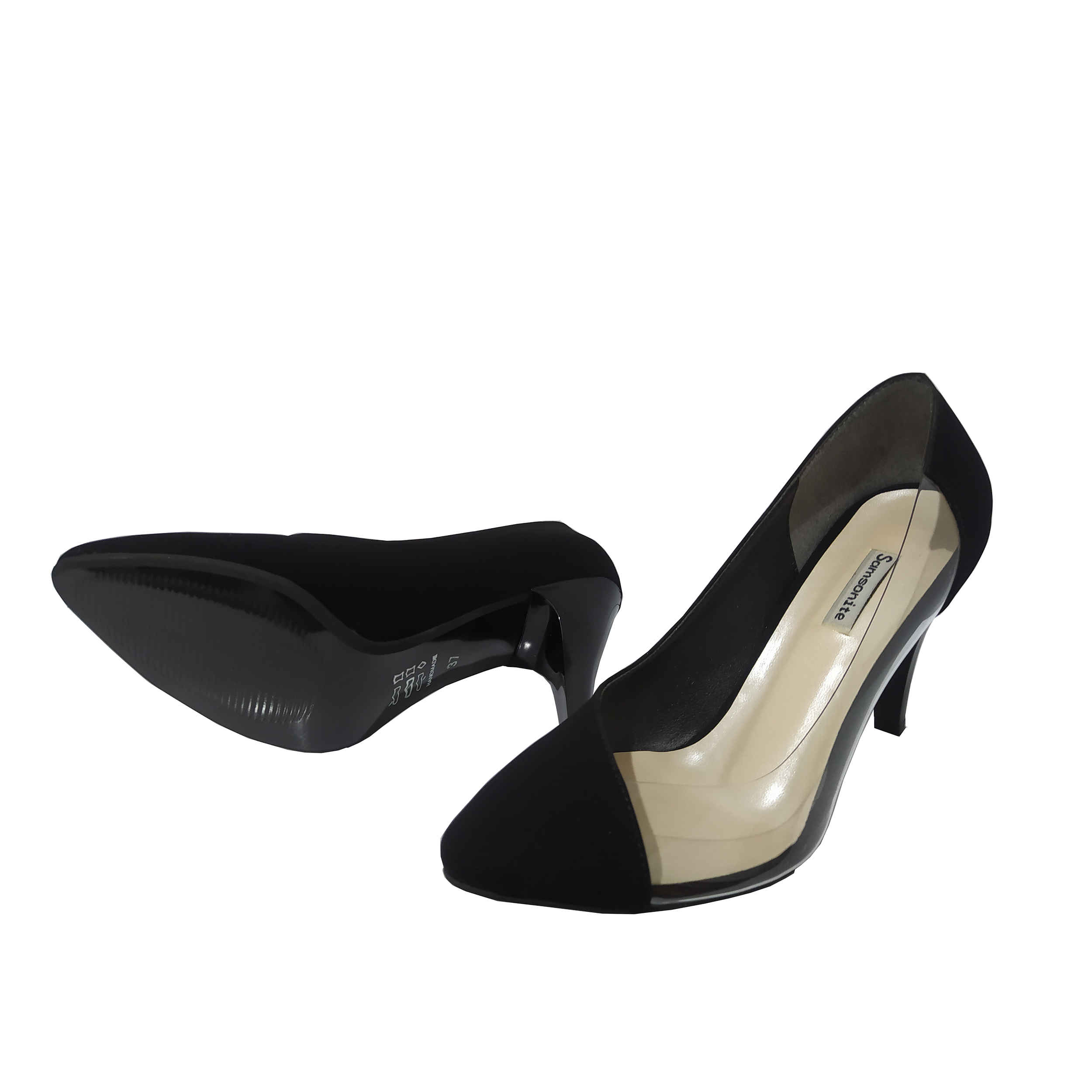 Damenschuhe aus Leder mit hohen Absätzen und klarem Seitenteil