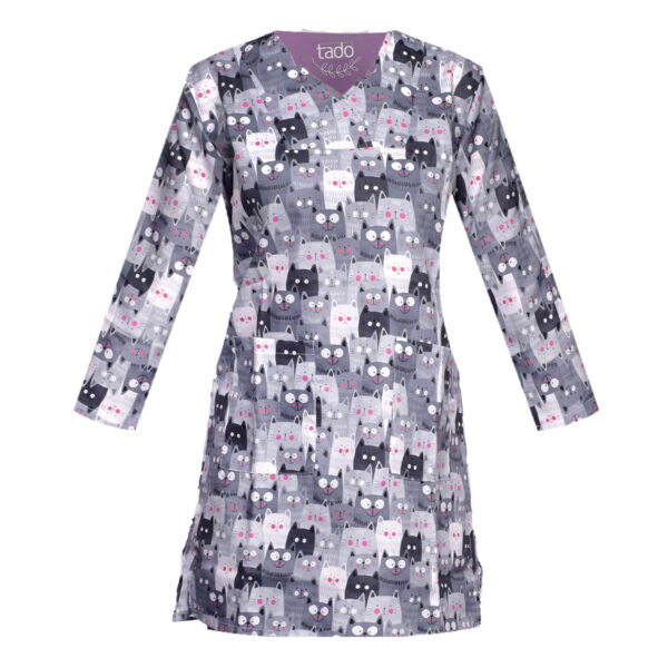 Damen-Langärmliges Veterinär-Scrub-Uniform mit Katzendesign – Süß & Bequem