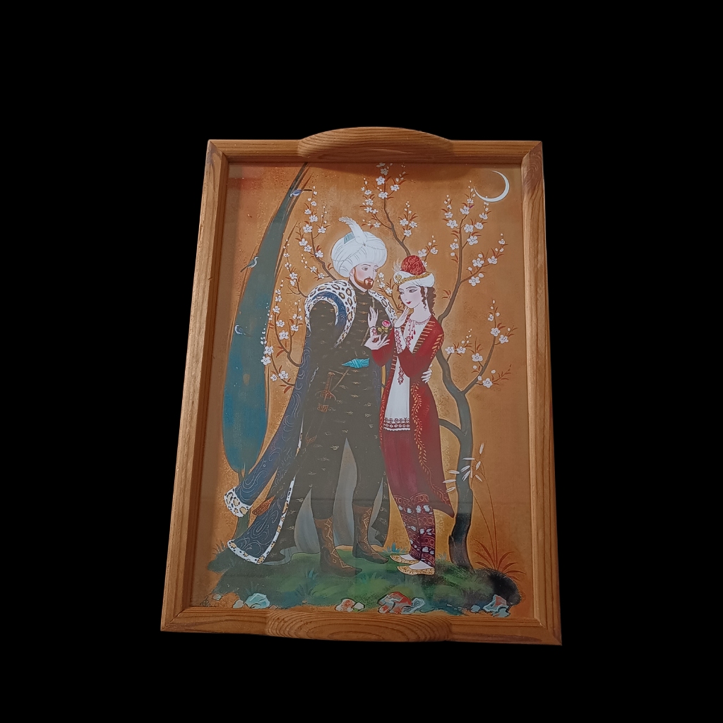 Künstlerisches Holzglas-Tablett – Khosrow & Shirin Persisches Design