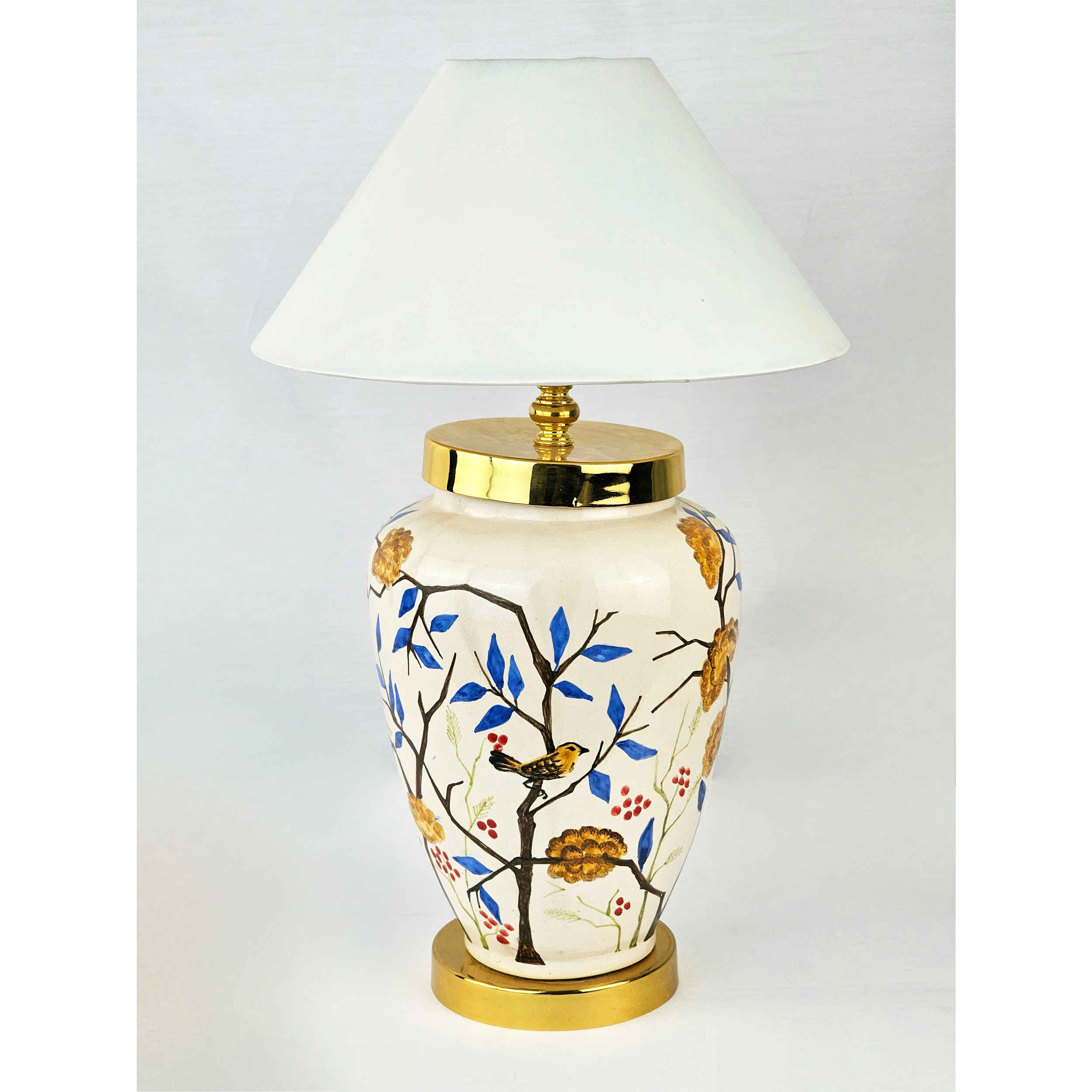 Keramik-Vase Tischlampe Handgefertigt im Orientalischen Stil mit Vögeln & Blumen Design