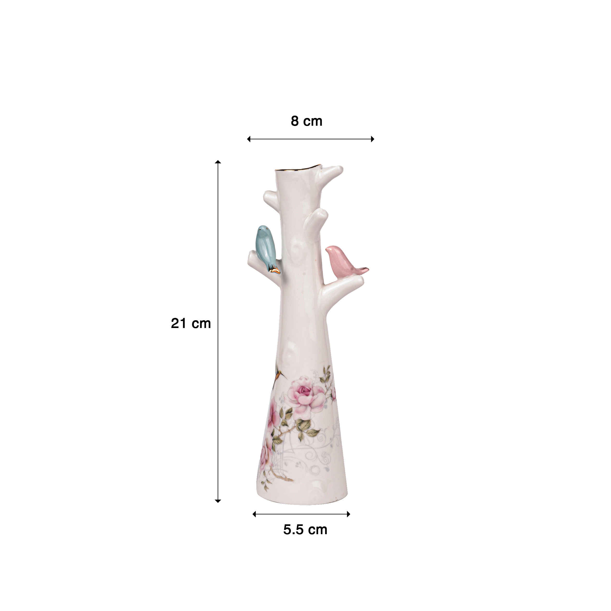 Dekorative Keramik-Knospenvase mit Blumen- & Vogelmotiv, Weiß