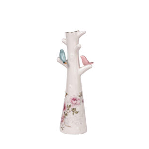 Dekorative Keramik-Knospenvase mit Blumen- & Vogelmotiv, Weiß