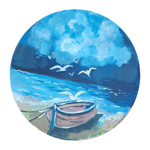 Dekorativer Keramikteller handgemalt mit Boot am Strand Design