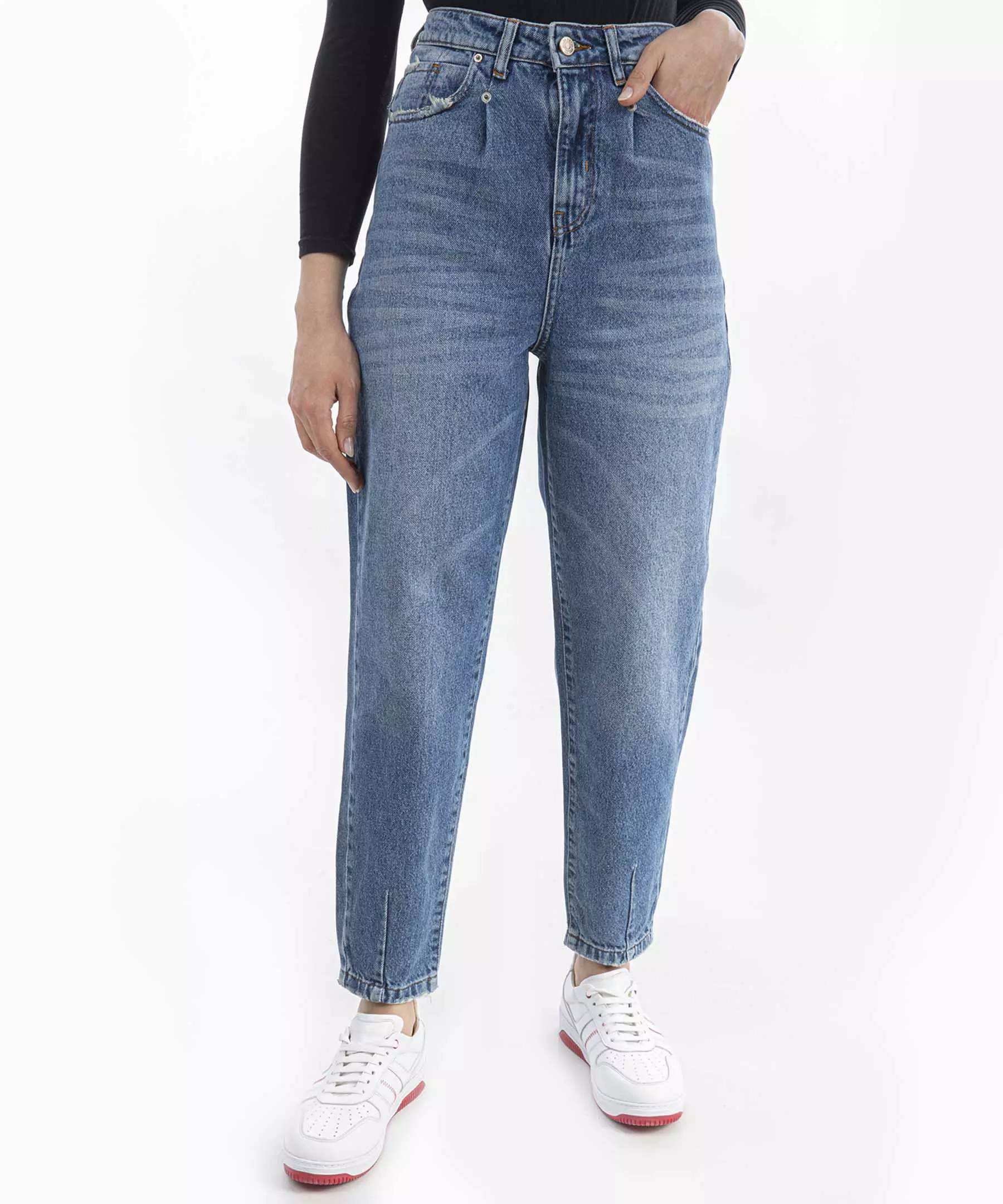 Hoch taillierte gerade blaue Jeans für Frauen mit Tasche