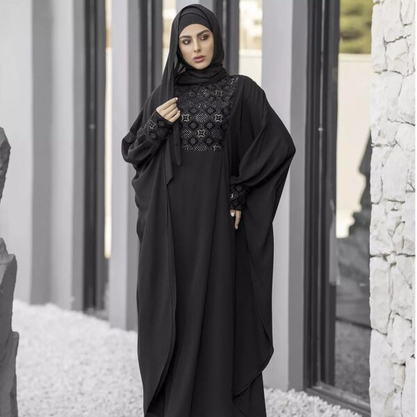 Locker geschnittene Schmetterlings-Abaya für Muslimische Frauen – Schwarzes Kreppgewebe