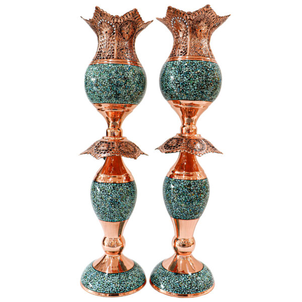 Handgefertigter persischer Kupfer-Kerzenständer – Eingelegtes Türkis (2x)