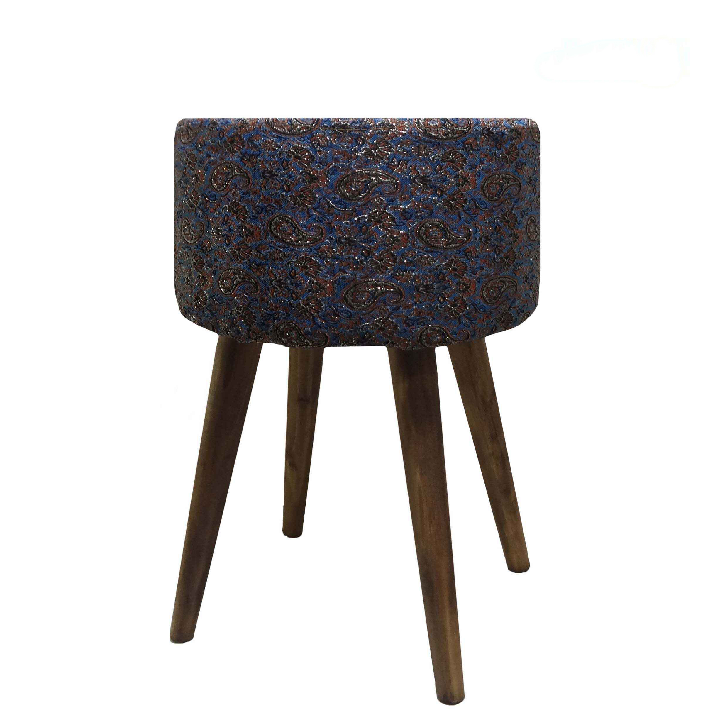 Runder persischer Hocker mit Holzbeinen und Termeh-Stoff, Paisley-Design