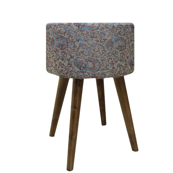 Runder persischer Hocker mit Holzbeinen und Termeh-Stoff, Paisley-Design