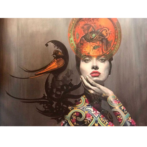 Original persisches Porträtgemälde - Öl auf Leinwand, Mädchen und Kalligraphie