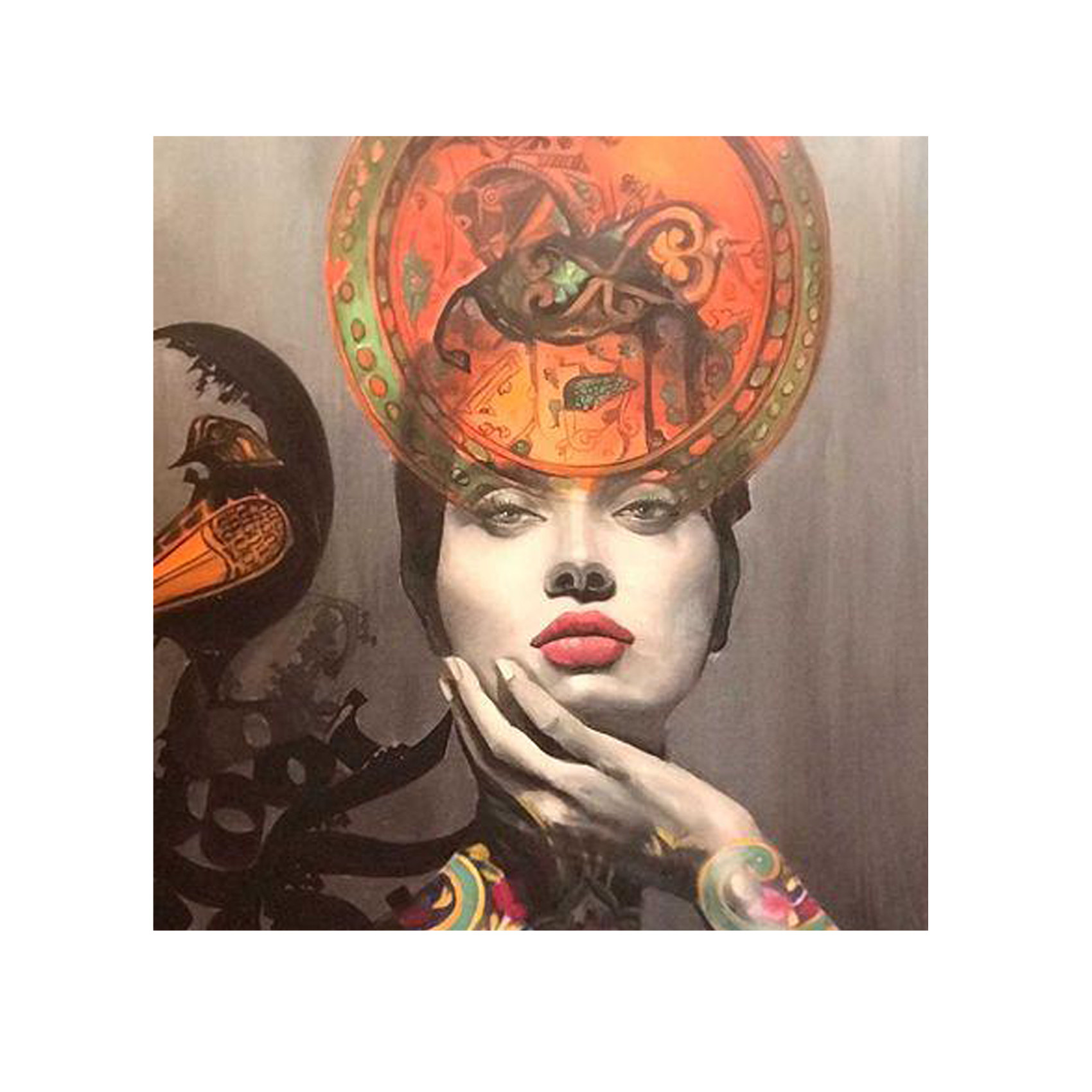 Original persisches Porträtgemälde – Öl auf Leinwand, Mädchen und Kalligraphie