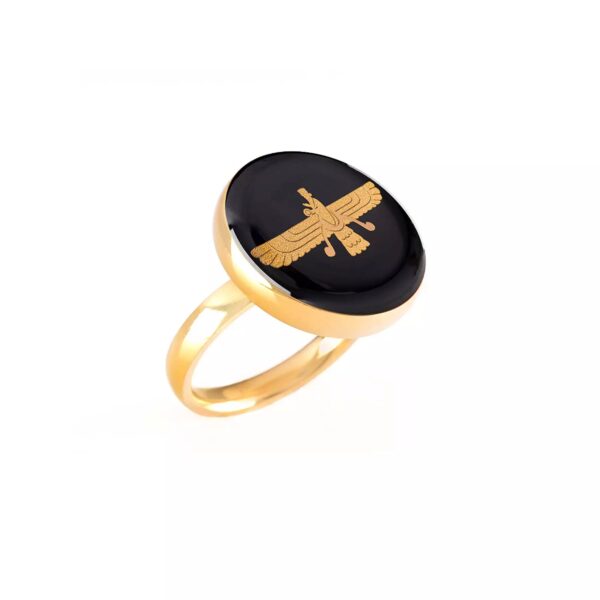 Stahl-Signet-Ring mit schwarzem Onyx Edelstein, harzüberzogen und vergoldet, Faravahar-Symbol