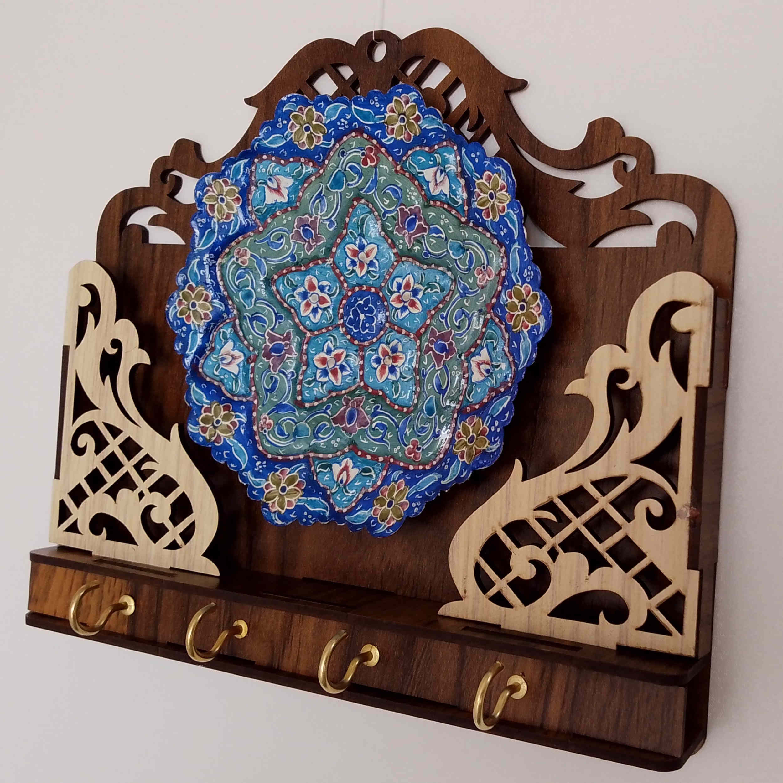 Handgefertigter persischer Holz-Wand-Schlüsselhalter mit 4 Haken