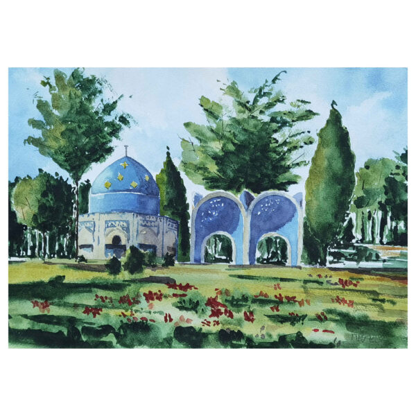 Original realistische Kunstmalerei - Aquarell auf Karton, Grab von Attar Neyshaburi