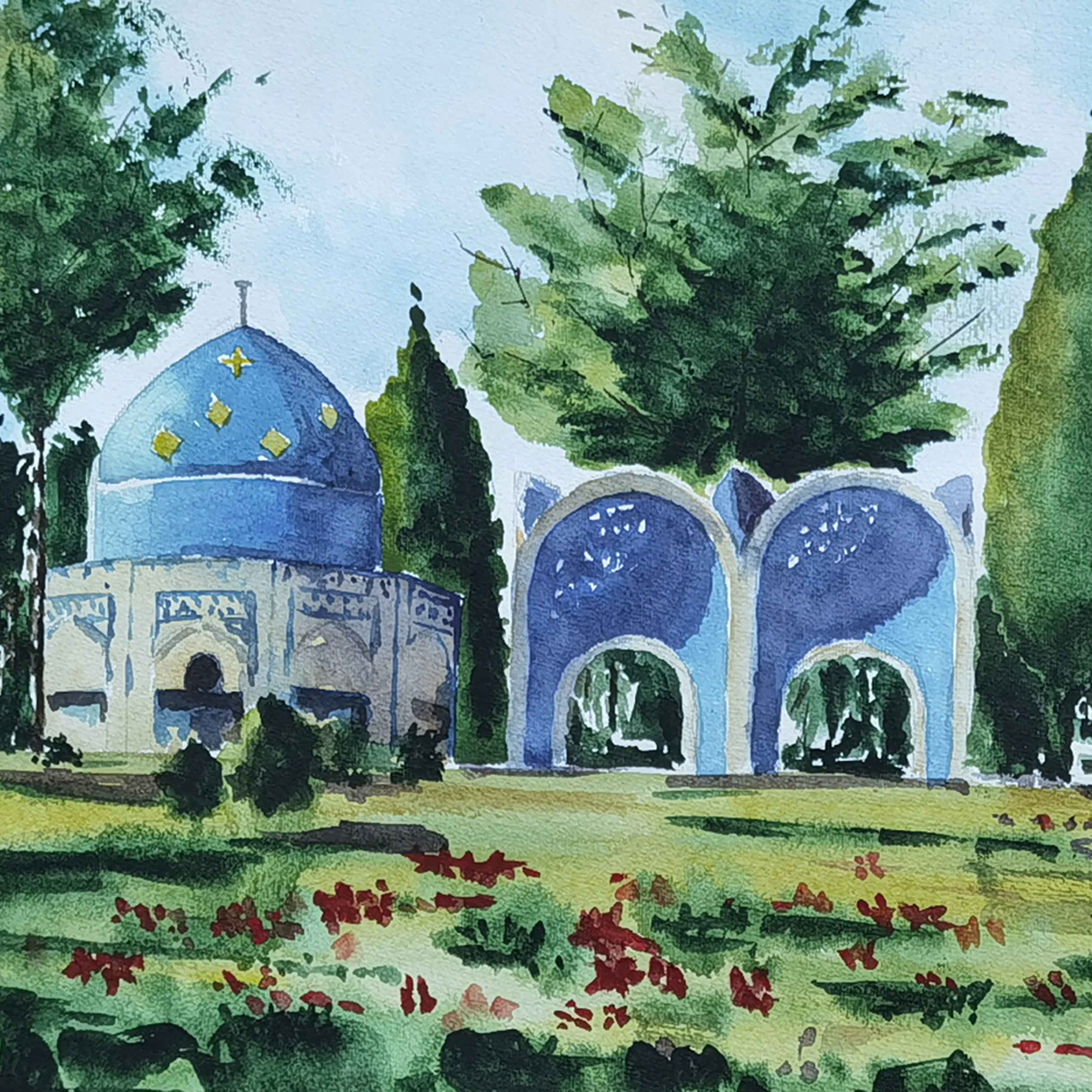 Original realistische Kunstmalerei – Aquarell auf Karton, Grab von Attar Neyshaburi